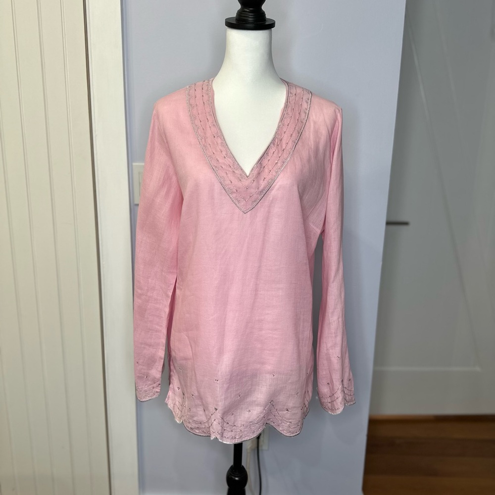 Lilly Pulitzer pink linen v-neck tunic, silver embroidery/embellish. SZ L. EUC!